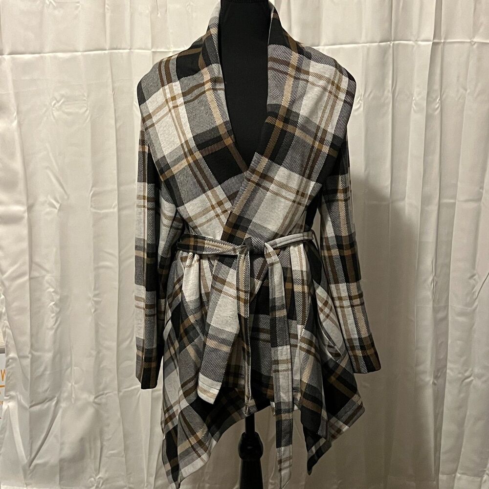 Plus Size Plaid Wrap Coat Women’s Belted Shawl Collar Jacket – Asymmetrical Hem